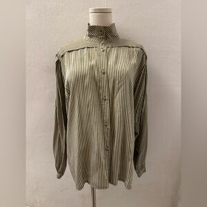 Frank Henke Striped Yellow-Green Button Up Shirt with High Collar